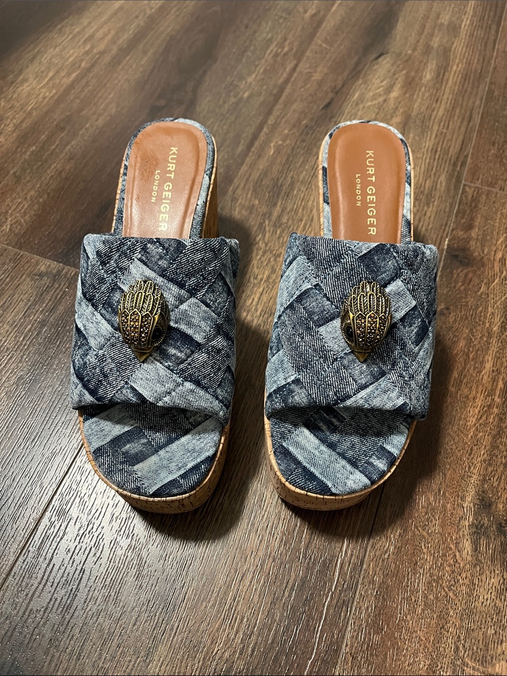 Kurt Geiger Denim Woven Cork Slide Wedges with Gold Emblem - Picture 2 of 10